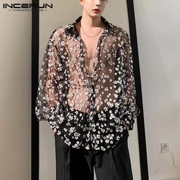 INCERUN Fashion Men Mesh Shirt Long Sleeve Transparent Printing Casual Loose Tops Streetwear Lapel Party Clubwear Casmias 240220