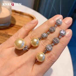 Sets Charms Gold Colour Fresh Water Pearl Rings Lab Diamond Drop Earrings Women's Wedding Cocktail Party Jewellery Sets Anniversary Gift