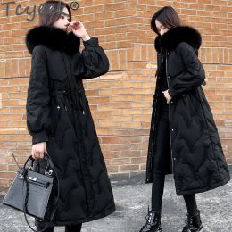 Coats Winter Women's Jackets Fur Collar Slim Black Medium Long Down Coat Ladies Waist Warm Windproof Hooded Puffer Jacket