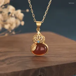 Pendant Necklaces Ethnic Style Design Brass Gilding Calabash Pendent Inlaid Red Agate Chalcedony Necklace Accessories