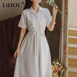 Party Dresses Summer 2024 Korean Style Striped Print Elegant Fashion Belt Dress Women Short Sleeve Simple Buttons Robe A-line Vestidos