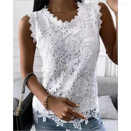 Women's T Shirts 2024 Women Elegant Office Lady Solid White Guipure Lace Patch Tank Top V Neck Sleeveless Vest Sexy Blouse Female Clothes