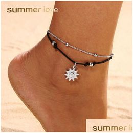 Anklets Bohemia Sun Pendant Beaded Anklet Bracelet For Women Simple Rope Alloy Double-Layer In Summer Leg Ankle Foot Jewelr Dhgarden Dhbvx