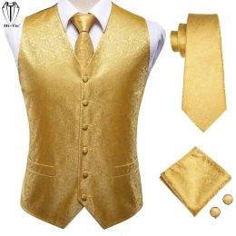 Hi-Tie Jacquard Paisley Silk Gold Mens Vest Pocket Square Cufflinks Set Dress Suit Waistcoat Jacket Wedding Business S to