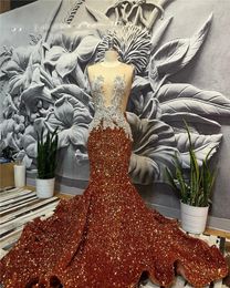 Sparkly O Neck Long Prom For Black Girls Brown Sequined Birthday Party Dresses Beaded Appliques Evening Gowns Robe De Bal