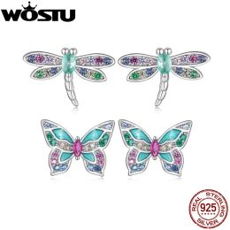 Earrings WOSTU 925 Sterling Silver Rainbow CZ Dragonfly Butterfly Stud Earrings Cute Insect Ear Studs Girls Daughter Birthday Party Gift