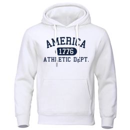 America 1776 Athletic Dept Letter Print Mans Hoodies Pocket O-Neck Sweatshirt Autumn Soft Sweatshirt Casual Loose Man