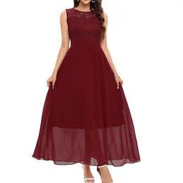 Casual Dresses Evening Gowns Women Elegant Party Lace Chiffon Pleated Maxi Dress O-Neck Sleeveless Vintage Wedding Vestidos