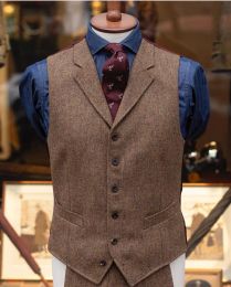 Mens Suit Vest Casual Vintage Sleeveless Herringbone Groomman for Wedding Tweed Waistcoat Plaid