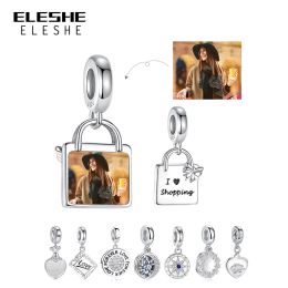 Lockets ELESHE Custom Photo 925 Sterling Silver I Love Shopping Square Dangle Charms Fit Original Bead Bracelet Necklace DIY Jewellery