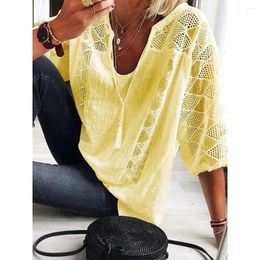 Women's Blouses VOLALO Y2k Blouse 2024 Spring/Summer Cotton Lace Shirt Spliced U Neck 3/4 Sleeve Top Solid Loose