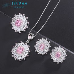 Sets JitDoo New Pink Gemstone Necklace Pendant Rings Stud Earring for Women Luxury Wedding Party Fine Jewellery Sets Girl Birthday Gift