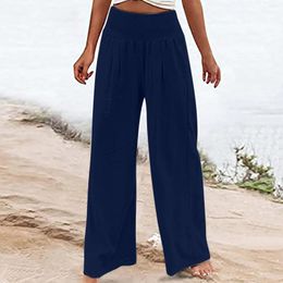 Women's Pants Fashion Linen For Women High Waisted Wide Leg Loose Fit Palazzo Casual Beach Trendy Trouses With Two Pockets