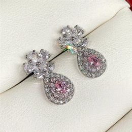 Stud Earrings Small Flower Sweet Water Drop Earring Pink Cubic Zircon Gril