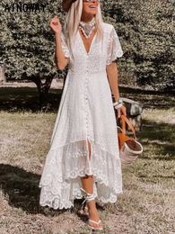 Basic Casual Dresses Retro Fashion Womens White Embroidered Lace Short Sleeve Beach Ultra Thin Bohemian Long Dress Womens V-neck Bohemian Dress J240222