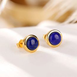 Earrings 925 Sterling Silver Natural Lapis Lazuli Round Beads Minimalist Earrings 18k Gold Plated Plated for Women Girls