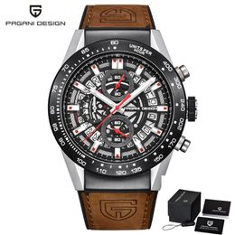 PAGANI DESIGN Fashion Skeleton Sport Chronograph Watch Leather Strap Quartz Mens Watches Top Brand Luxury Waterproof Clock254I