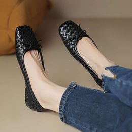 Women's Braid Leather New Designer Boat Woman Square Toe Slip on Loafers Shoes Bow Ballet Flats Zapatos Mujer