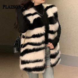 Fur PLAZSON Sleeveless Thin Faux Fox Fur Coat Women Autumn Winter Casual Imitation Fur Vest Plush Jacket Zebra Print Streetwear