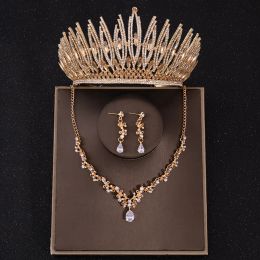 Back Gold Color Bridal Jewelry Sets Crystal Rhinestone Tiara Crown Necklace Earring Set Women Wedding Accessories Jewelry Set