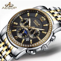 AESOP Luxury Brand Military Watch Men Moon phase Automatic Mechanical Watches Luminous Full Steel Waterproof Clock Men173m