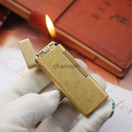 Lighters Original Ultra-thin Side-sliding Inflatable Lighter Brass Side Pulley Flint Wheel Lighter Gas Smoke Accessories YQ240222