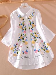 Women's Blouses SuperAen 2024 Spring Korean Casual Loose 3/4 Sleeves Flip Collar White Embroidered Design Shirt For Women