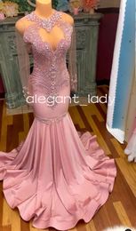 Pink Sparkly Princess Mermaid Prom Ceremony Dresses for Women Long Sleeve Crystal Beaded Evening Gown vestidos de gala