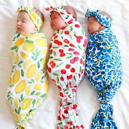 Blankets 2Pcs/Set Baby Swaddle For Infant Headband Warp Fruit Print Sleeping Bag Envelope Sleep Sack Bedding Diapers