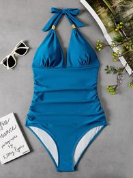 Women's Swimwear One Piece Swimsuit Women Solid Bathing Suit Halter Bodysuit Push Up Monokini Beachwear Tankini 2024