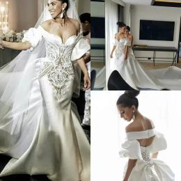 Vestidos de casamento de sereia de cetim com trem longo fora do ombro meia mangas compridas vestidos de noiva modestos feitos sob encomenda vestidos de casamento boho