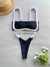 Women's Swimwear New Black White Splicing Bikini Set Women Sexy Bandeau Push Up Micro Swimsuit 2024 Summer Bathing Suit Pleate ThongH24222