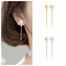 Stud Earrings 925 Sterling Silver Needle Enamel Daisy Shape Tassel Pendant For Women Fashion Metal Chain Luxury Jewellery