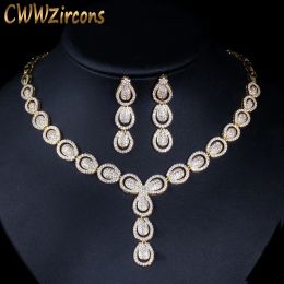 Necklaces CWWZircons Luxury Dubai Gold Color Jewelry Sets for Women Anniversary Gift CZ Long Water Drop Wedding Necklace Earrings T0538