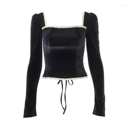 Women's Blouses Vintage Black Velvet Corset Top Square Collar Long Sleeve Blouse For Women Fashion 2024 Spring Autumn Elegant And Shirts