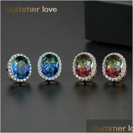 Stud New Arrival Blue Rainbow Cubic Zirconia Oval Stud Earring For Women Girl Fashion 18K Gold Plated Antiallergy Pin Jewellery Gift Dr Dhmn7