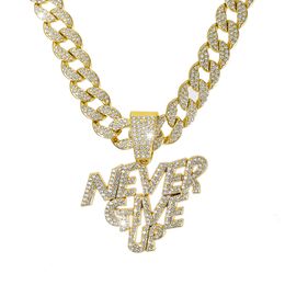 Cross border alloy letter NEVE RGIVE UP punk pendant, European and American hip-hop men's full diamond beautiful Cuban chain