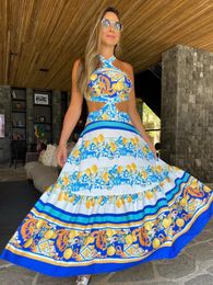 Casual Dresses Bohemian Sexy Printed Women Halter Sleeveless Backless Naked Waist Long Dress Fashion Summer Beach Holiday Robe