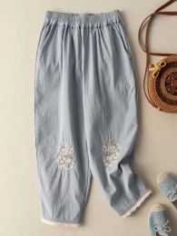 Capris Cotton Flower Embroidery Casual Pants Literary Vintage Loose Slim Lace Wide Leg Trousers Breathable Harem Pants