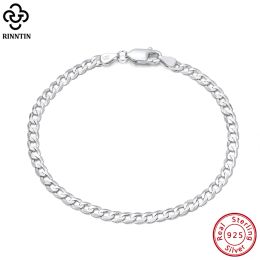 Bangles Rinntin 925 Sterling Silver Handmade 3mm Cuban Chain Bracelet for Men Women Italian Silver Link Chain Bracelet Jewelry SB123