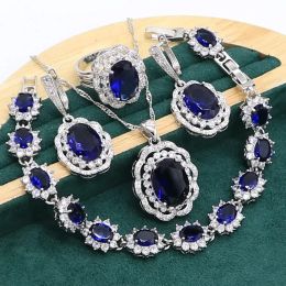 Sets Blue Sapphire 925 Sterling Silver Jewellery set for Women Wedding Party Bracelet Earrings Necklace pendant Ring Birthday Gift