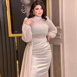 Elegant Muslim Arabic Mermaid Evening Dress for Women 2024 Luxury Pearls with Detachable Skirt Formal Prom Party Gowns Robe De Soiree