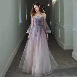 Party Dresses Gradient Purple Off Shoulder Evening Dress Women Embroidery Sequin Long Sleeves Prom Gown Exquisite Elegant Host