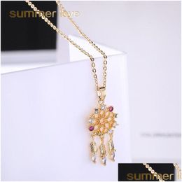 Pendant Necklaces New Round Hollow Dream Catcher Copper Inlaid Zircon Pendant Necklace For Women Long Leaf Feather Tasssel Jewellery Gif Dhjgl