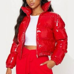 Jackets Y2K Neon Colour Cotton Jacket Mirror Surface Stand Collar women Quilted Coat Crop Tops Short Jacket Women Cotton Padded Coat