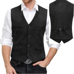 Classic Style V Neck Suede Vintage Casual Western Cowboy Vest Single Breasted With Pockets Men's