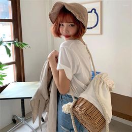 School Bags Women Small Backpack Rattan Woven String Bucket For Girls Travel Straw Back Pack Mochilas