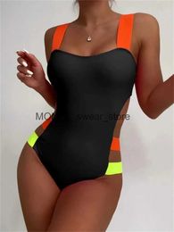 Women's Swimwear Sexy Black Contrast One Piece Swimsuit 2024 Women Neon Strap Hollow Out Backless Monokini Summer Bathing Suit PatchworkH24222