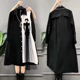 Dresses 2023 New Black Lady Shirt Dresses Spring Summer Mesh Stitching Contrast Dress Tops Plus Size Women Dress Coat MidLong Vestidos