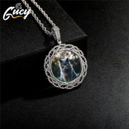 Necklaces GUCY Picture Necklace Custom Photo Round Pendant Solid Back Micro Pave Cubic Zirconal Hip Hop Rock Jewellery